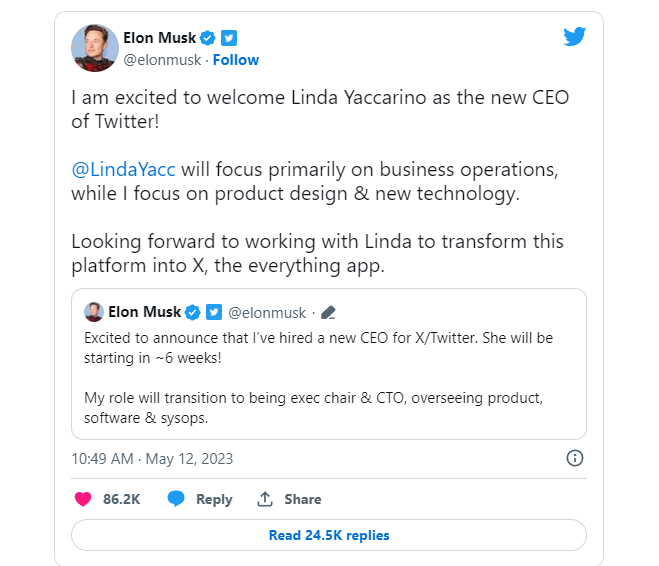 马斯克公布了新CEO的名字---亚卡里诺（Linda Yaccarino）